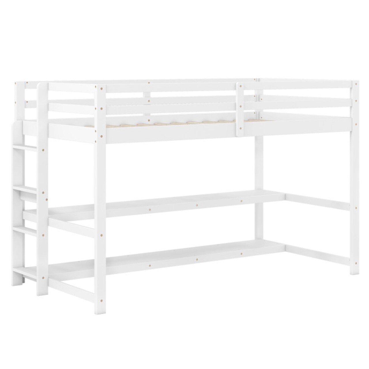Space-Saving White Twin Loft Bed with Storage Shelves Sturdy Wood Frame and Safety Guardrails for Kids and Teens